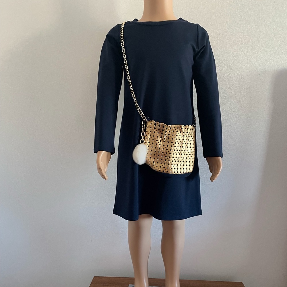 Halabaloo Little Girls Ponte Navy Long Sleeve Chain Bag Dress Size 4T.